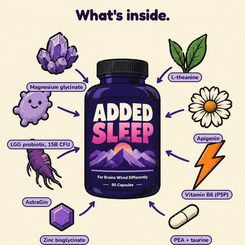 What's inside Added Sleep: magnesium, L-theanine, B6, zinc, taurine, probiotic, apigenin, PEA, AstraGin