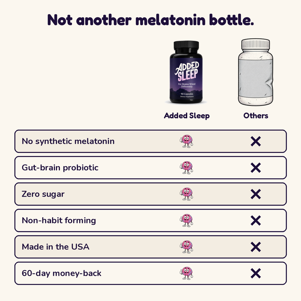 Added Sleep vs others: no synthetic melatonin, gut-brain probiotic, zero sugar, made in the USA