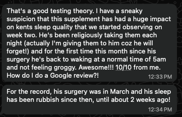 Tester message describing improved sleep quality and waking without feeling groggy