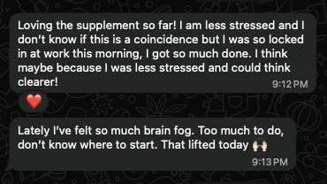 Tester message describing feeling less stressed, clearer and having less brain fog
