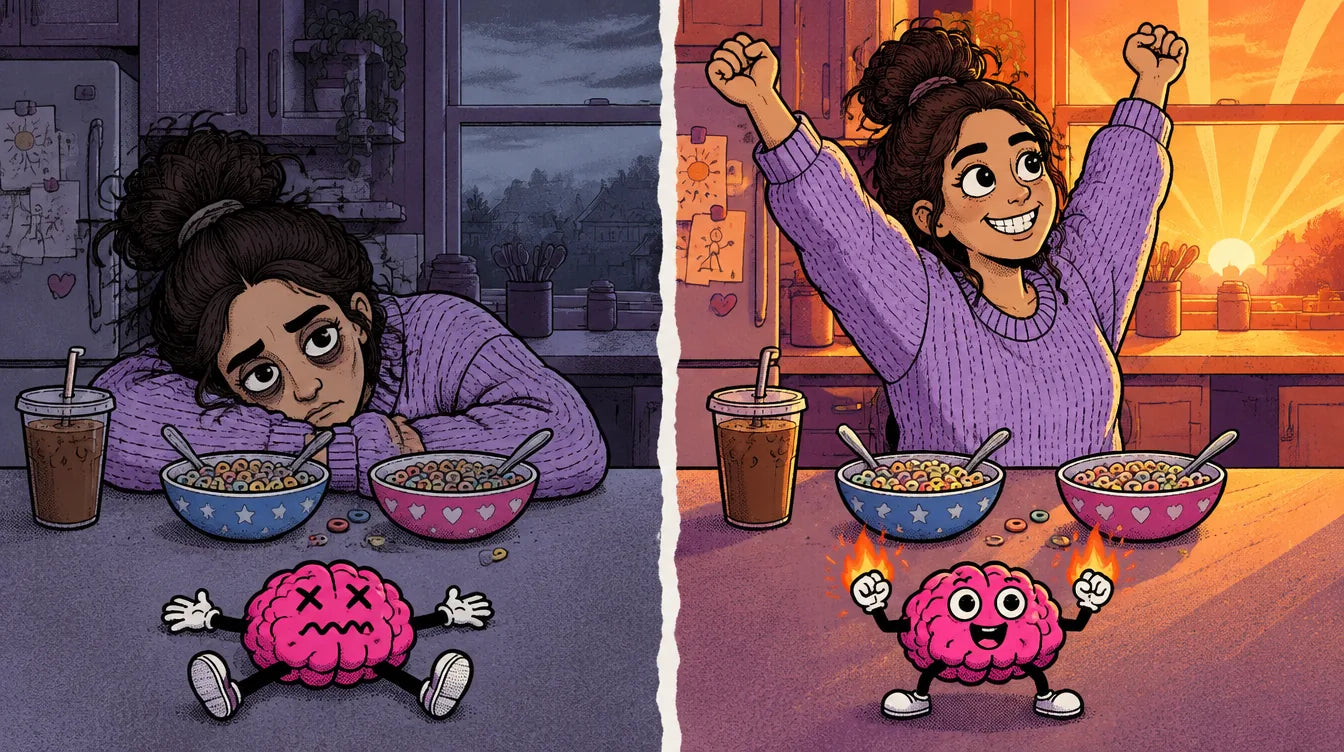 Wren slumped at the kitchen bench at 7am, then the same kitchen at sunrise with her stretching and smiling