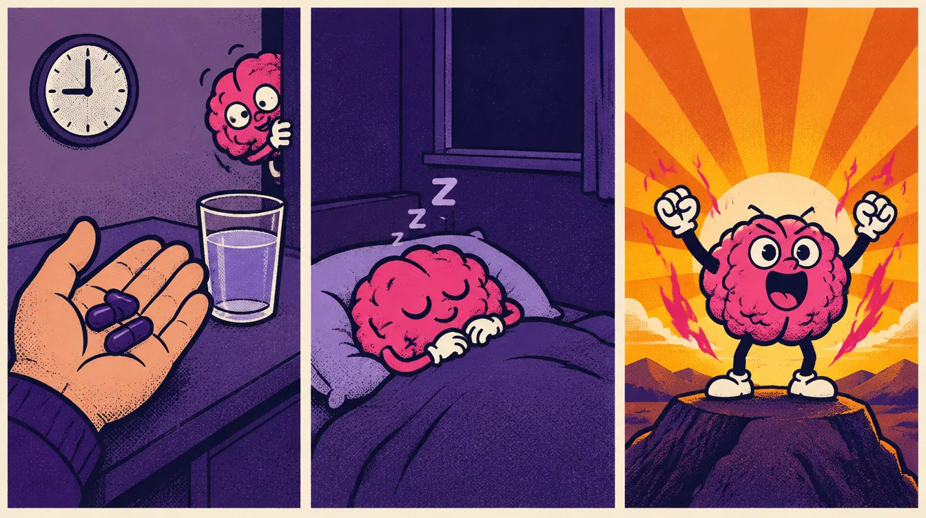 Three panels showing the evening dose, the night's rest and the clear morning