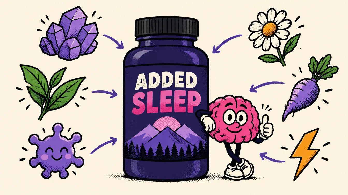 The nine active ingredients in Added Sleep laid out on a purple background