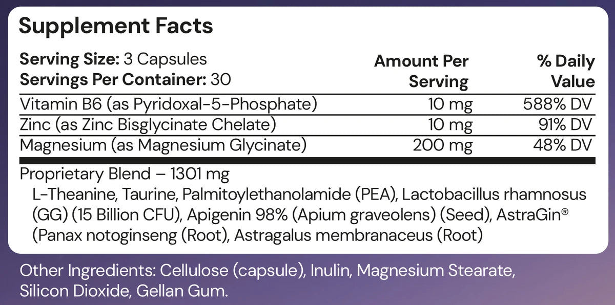 Supplement Facts. Serving size 3 capsules, 30 servings per container. Vitamin B6 (as pyridoxal-5-phosphate) 10 mg, 588% DV. Zinc (as zinc bisglycinate chelate) 10 mg, 91% DV. Magnesium (as magnesium glycinate) 200 mg, 48% DV. Proprietary blend 1301 mg: L-theanine, taurine, palmitoylethanolamide (PEA), Lactobacillus rhamnosus GG (15 billion CFU), apigenin 98% (Apium graveolens seed), AstraGin (Panax notoginseng root, Astragalus membranaceus root). Other ingredients: cellulose (capsule), inulin, magnesium stearate, silicon dioxide, gellan gum.