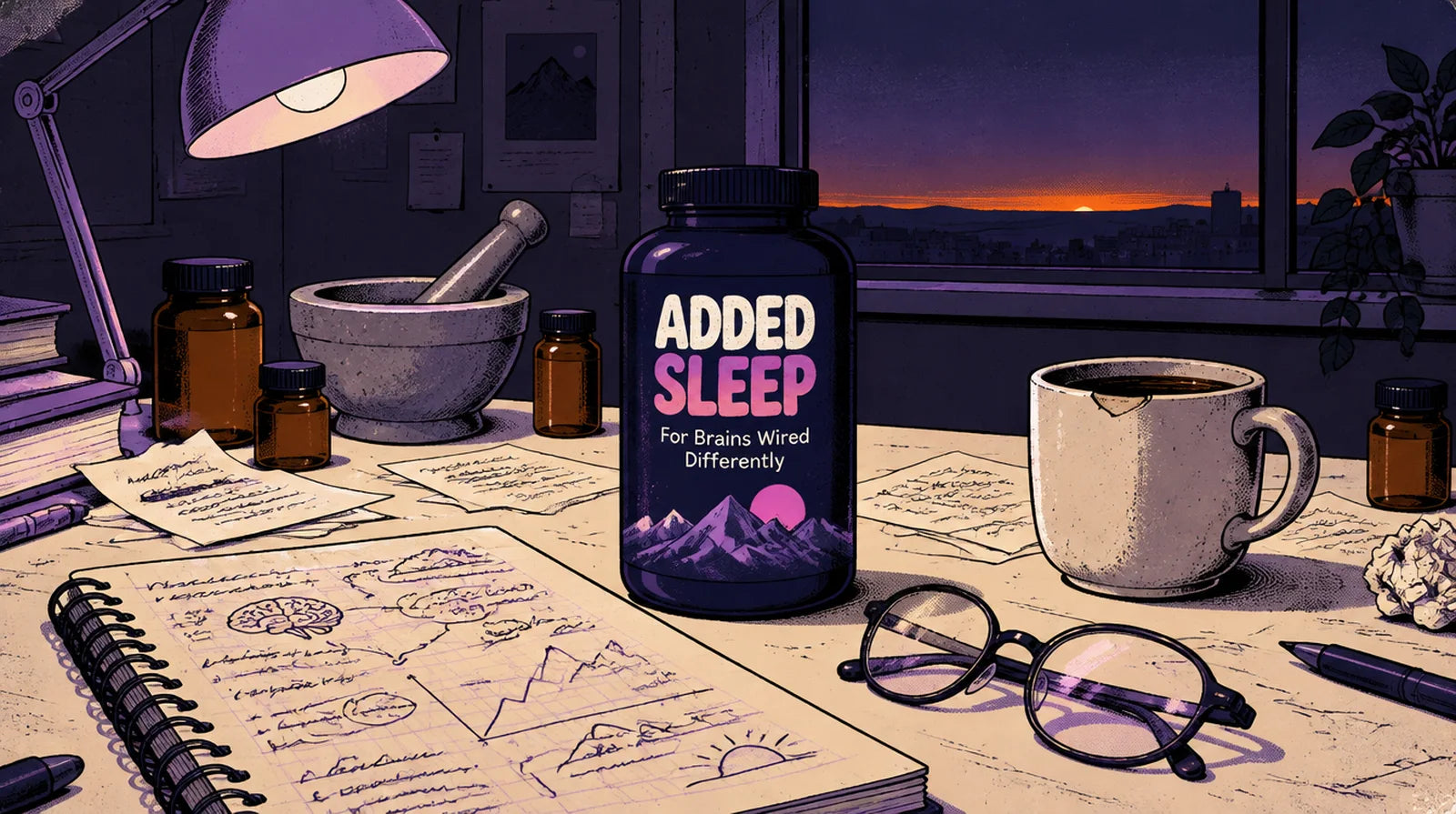 Bottles of Added Sleep formulas lined up on a workbench during testing.